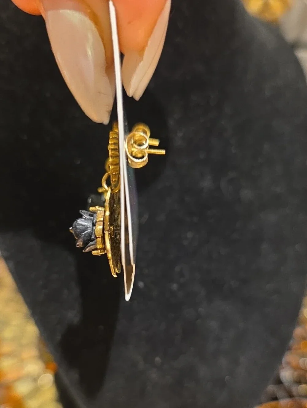Gold Filigree Drop Earrings with Black Rose Accent